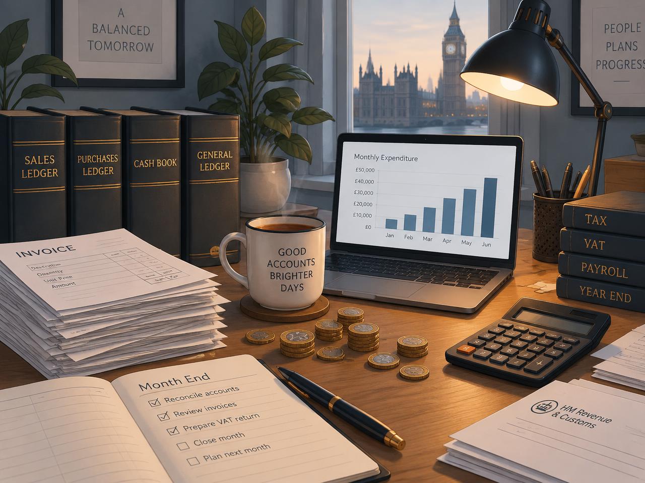 Illustration of a British finance desk with ledgers, pound coins and a cup of tea